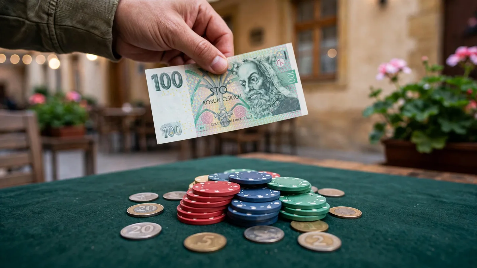 Hromádka žetonů a bankovka 100 Kč na herním stole