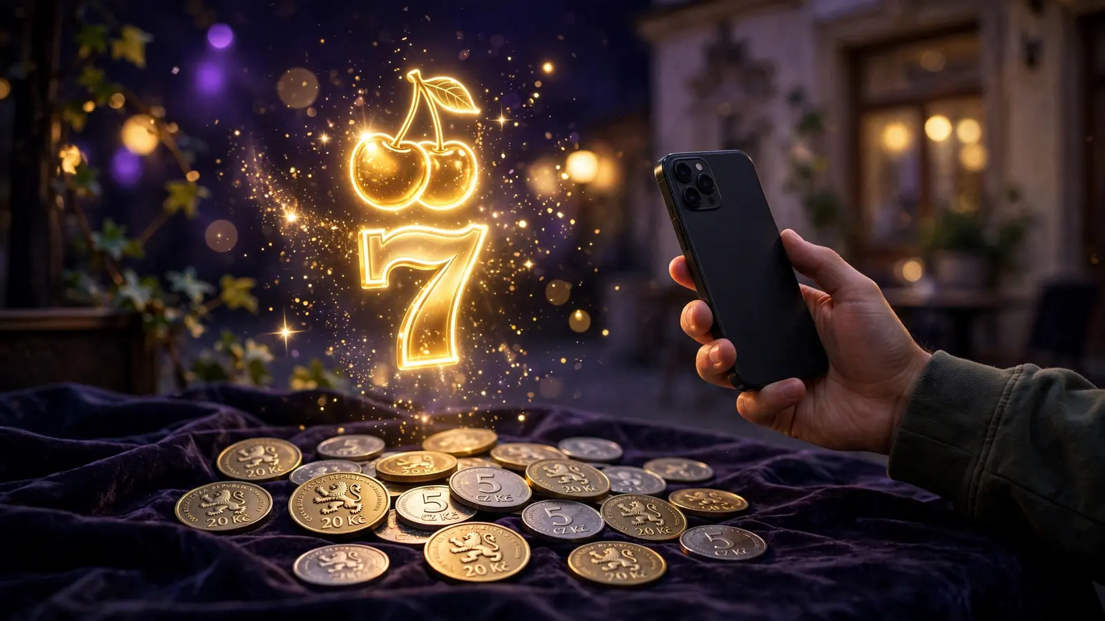 Třpytivý symbol výherního automatu s českými mincemi a telefonem