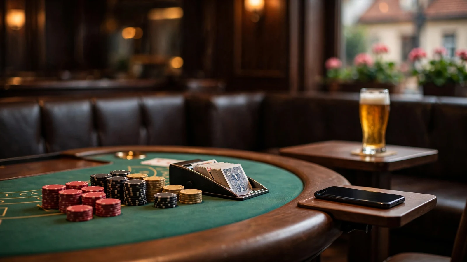 Elegant blackjack stůl s žetony a kartami v živém kasinu