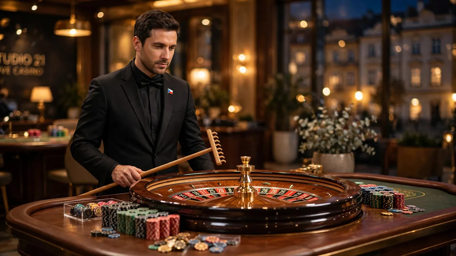 Živá ruleta v kasinu s česky mluvícím krupiérem u herního stolu
