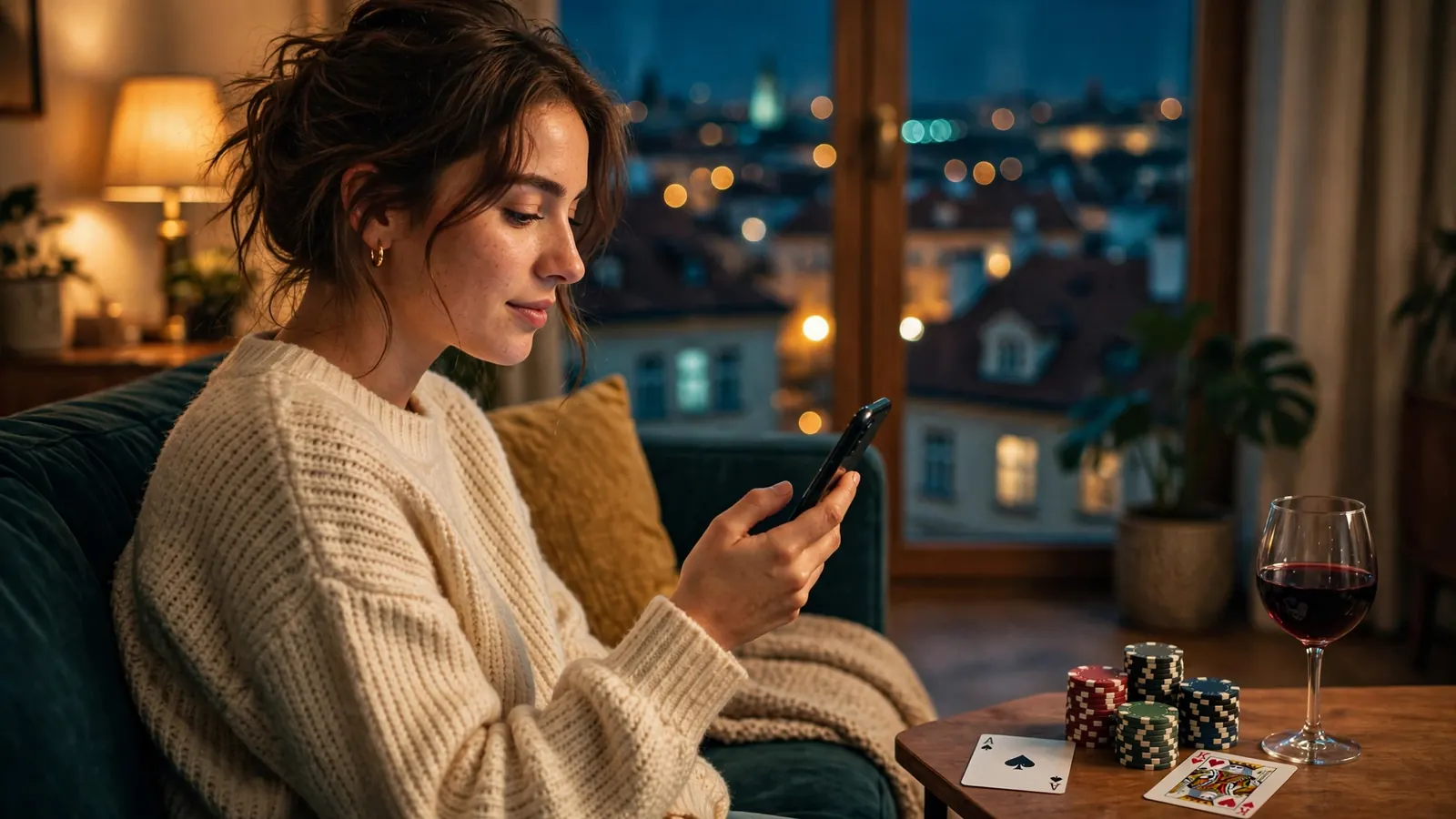 Žena v Praze hraje mobilní casino na telefonu