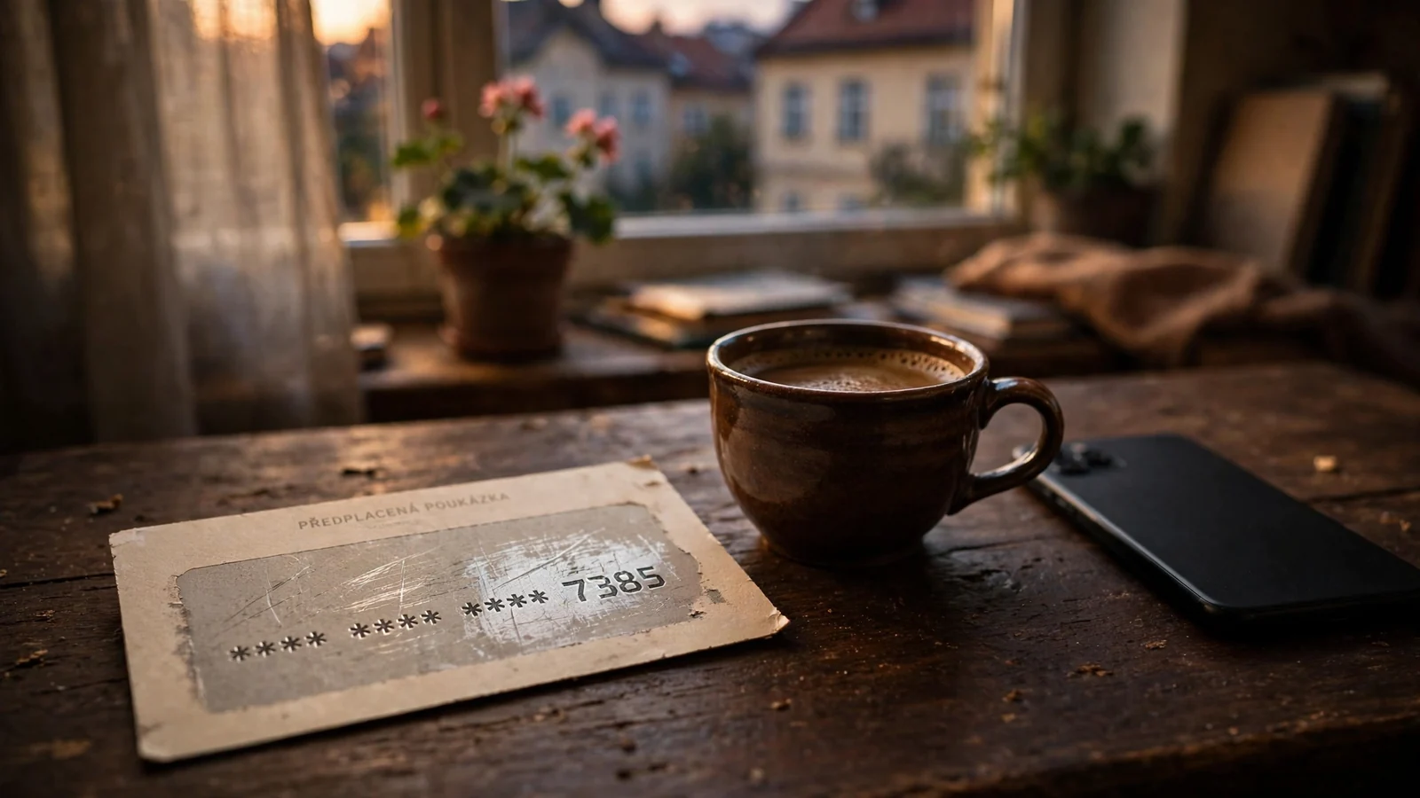 Předplacený poukaz Paysafecard na stole u smartphonu