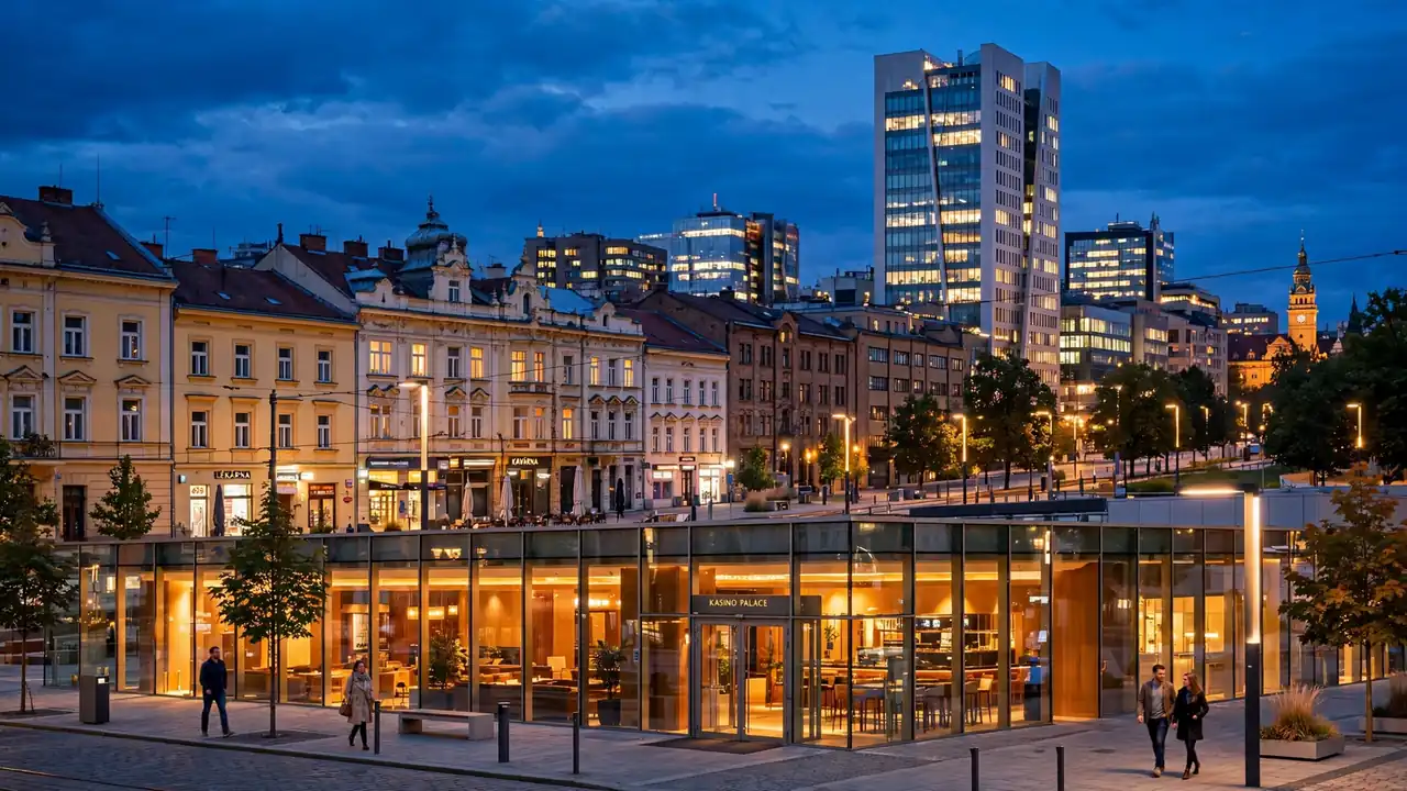 Večerní panoráma Ostravy s moderním kasinem