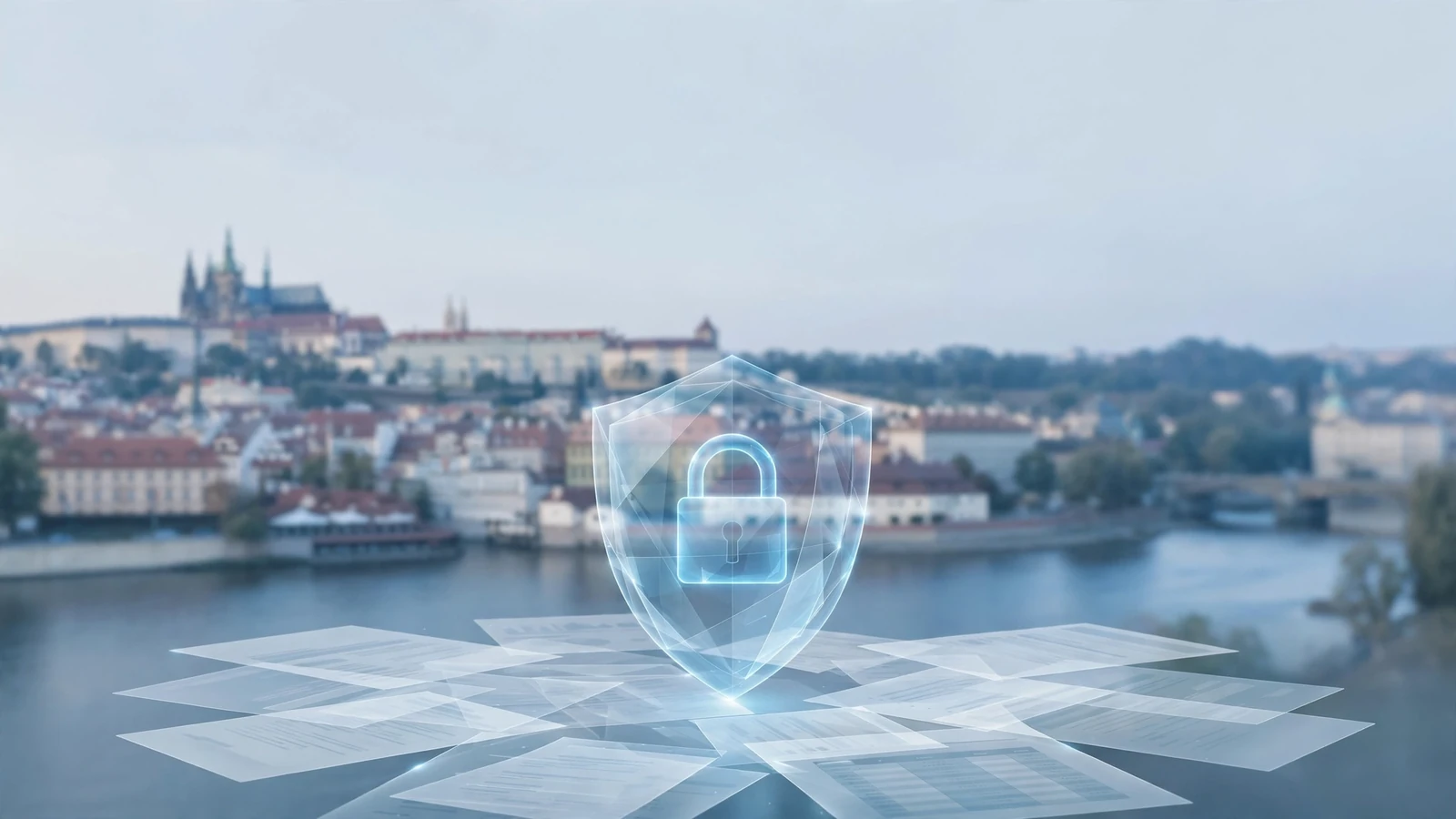 Digitální štít s visacím zámkem chránící osobní dokumenty nad panorámou Prahy